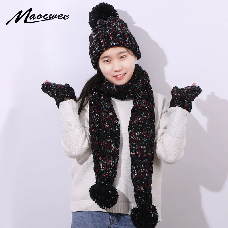 

Набор из трех предметов, шапка и перчатки, зимние, теплые, вязаные крючком шапки, шапка с помпоном, шапка в полоску на осень и зиму