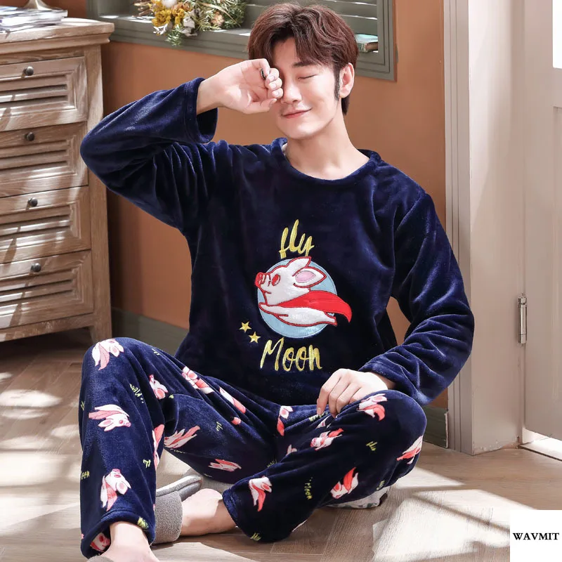 Пижамный комплект мужской фланелевый с длинным рукавом одежда для сна принтом