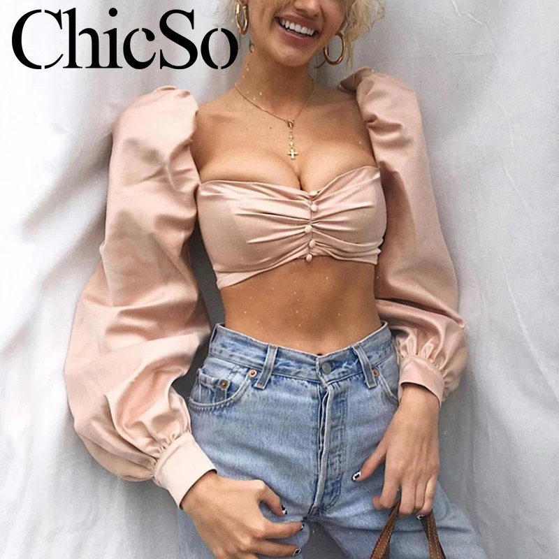 Женский короткий топ MissyChilli с длинным рукавом фонариком открытой спинкой