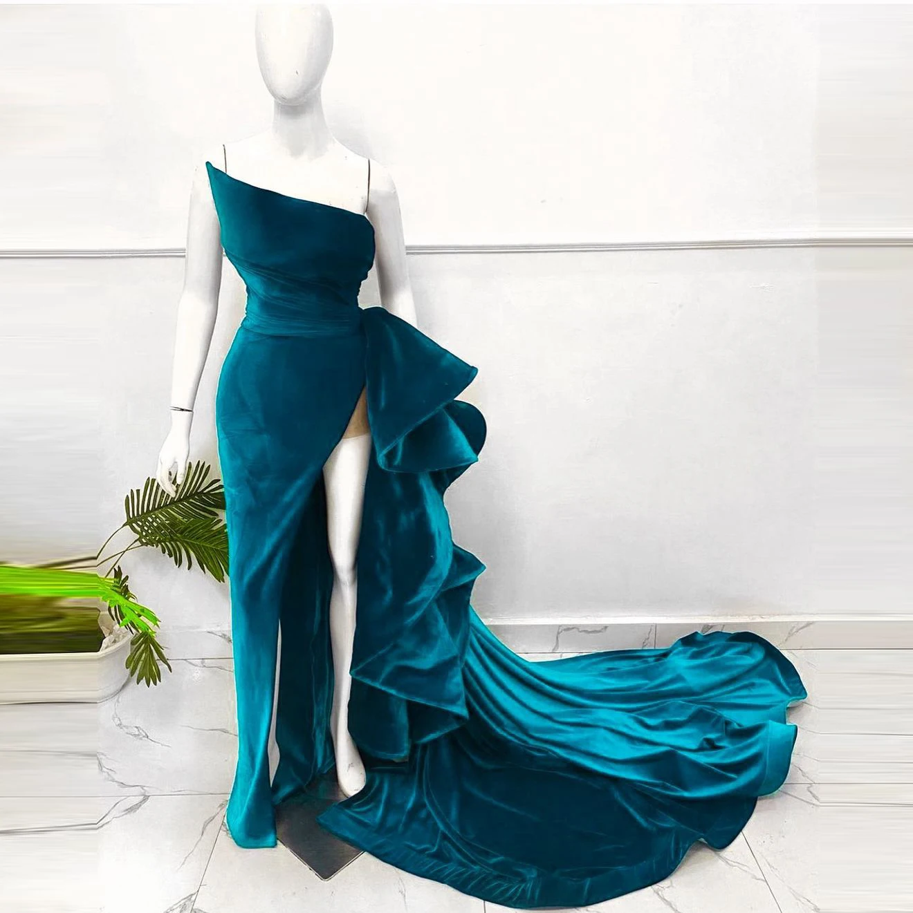 

Elegant velvet strapless ruffled mermaid ball banquet party evening dress large size customization