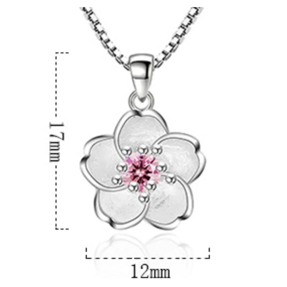 

925 Sterling Silver New Woman Fashion Jewelry High Quality Pink Purple Crystal Zircon Flower Pendant Necklace Length 45CM