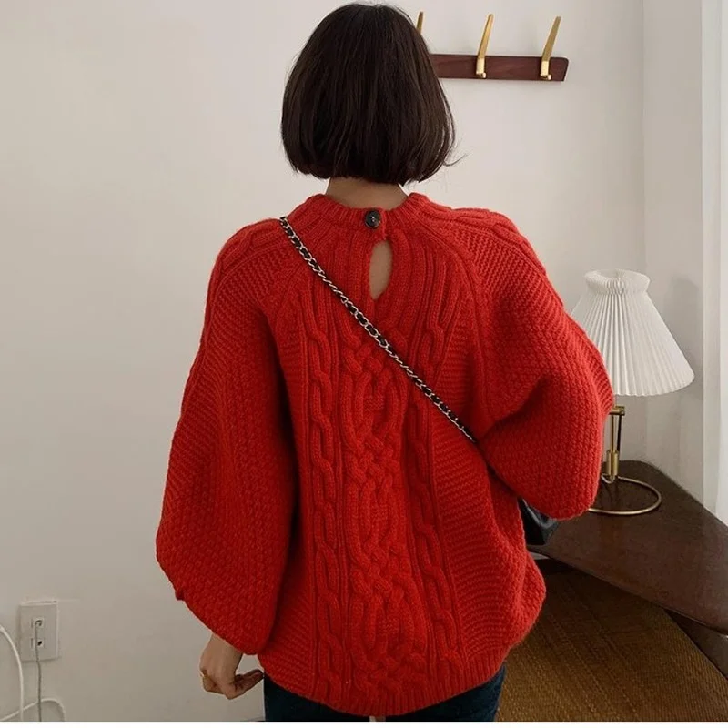 Woherb Vintage Round Neck Pullover Women'S Sweater 2021 Autumn Winter Lazy Loose Long-Sleeved Solid Casual Warm Knitted | Женская