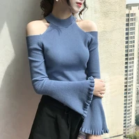 autumn sexy single shoulder flared sleeve female thin sweater women computer knitted turtleneck pullover shirt female sweaters