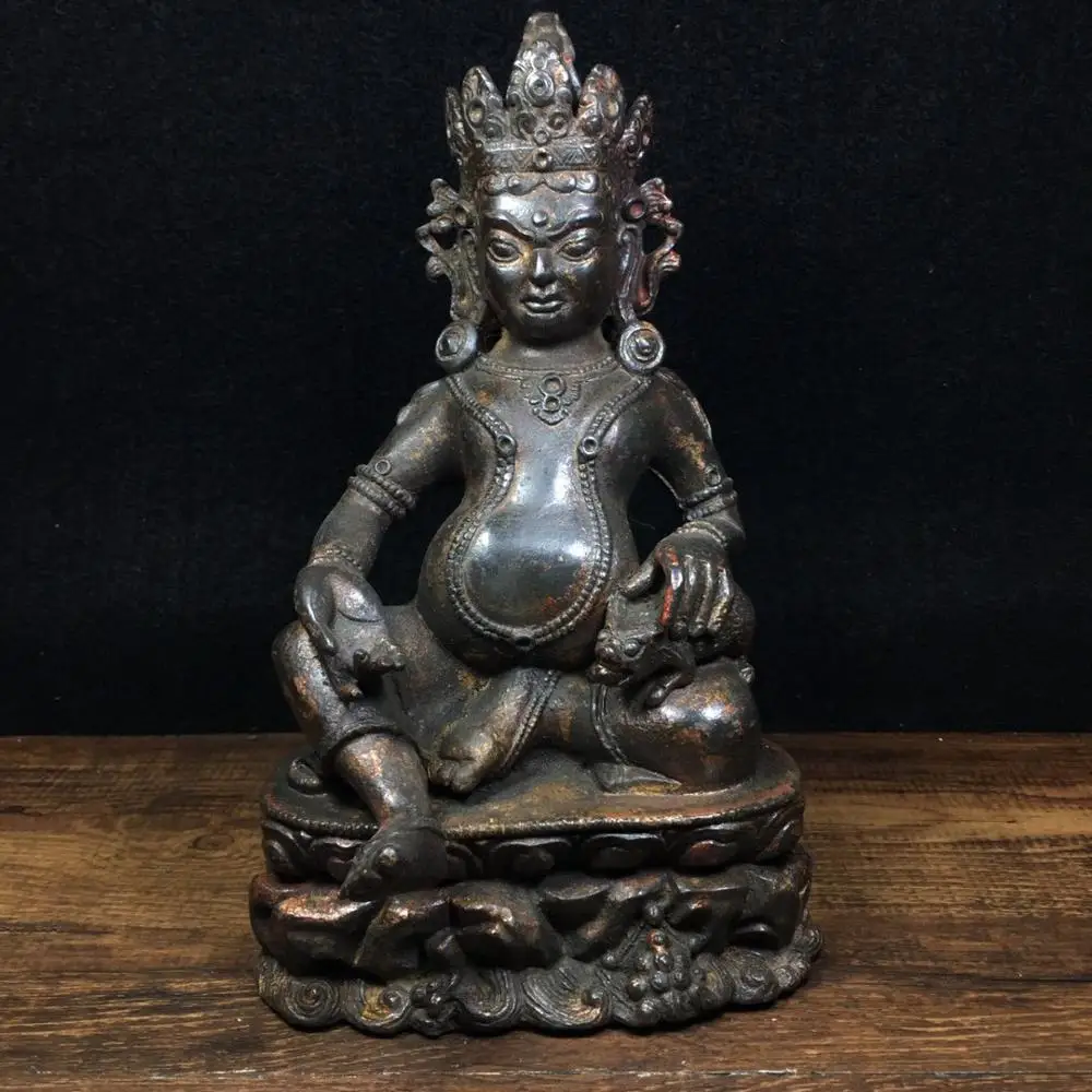 

8" Tibet Buddhism Temple Old Bronze Cinnabars Yellow God of Wealth Buddha Statue Zang La Sebo Amitabha Enshrine the Buddha