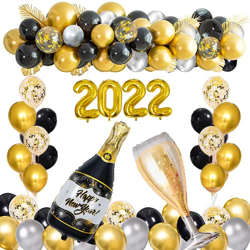 78pcs gold black latex foil bottle wine glass balloons 2022 happy new year eve party decorations for home merry christmas xmas free global shipping