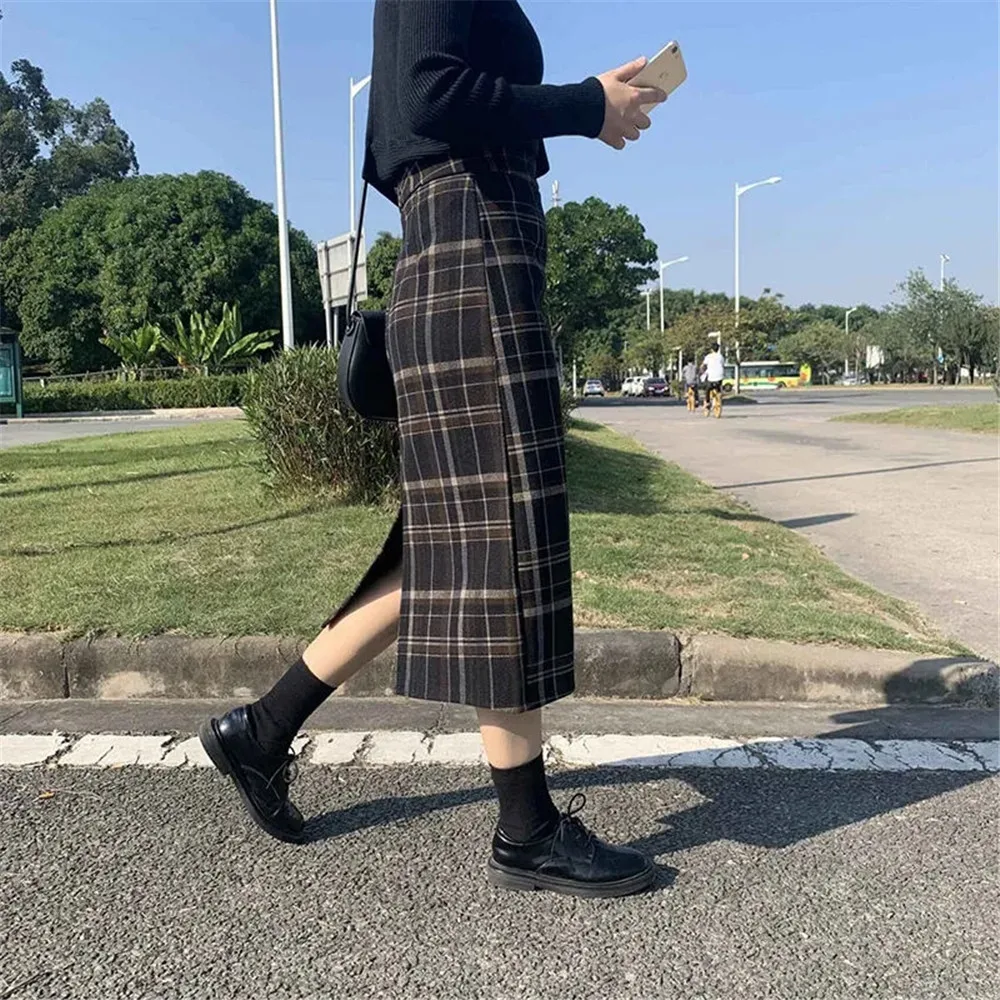 Винтажная клетчатая сумка длинная юбка на бедрах Женская Корейская свободная