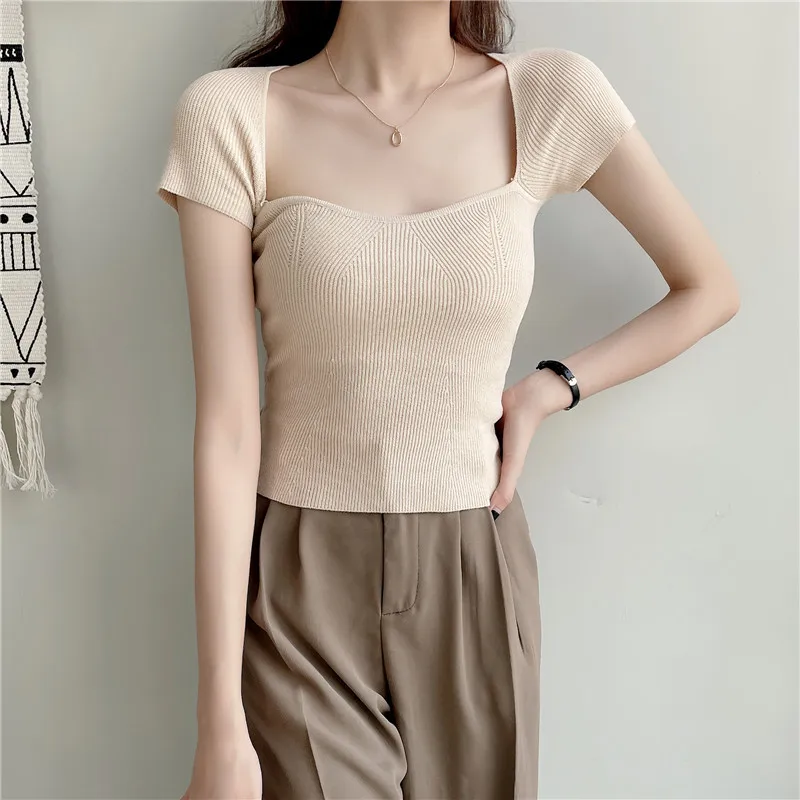 

Summer New Sexy Curved Neckline Sweater Short Cropped Short-sleeved Top