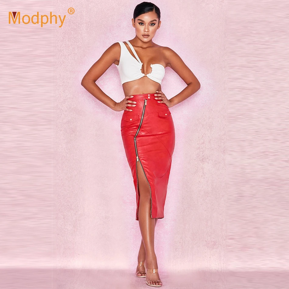 2018 spring 2 piece set of two sets casual white one-shoulder tops and red leather skirt birthday party club women's suit |
