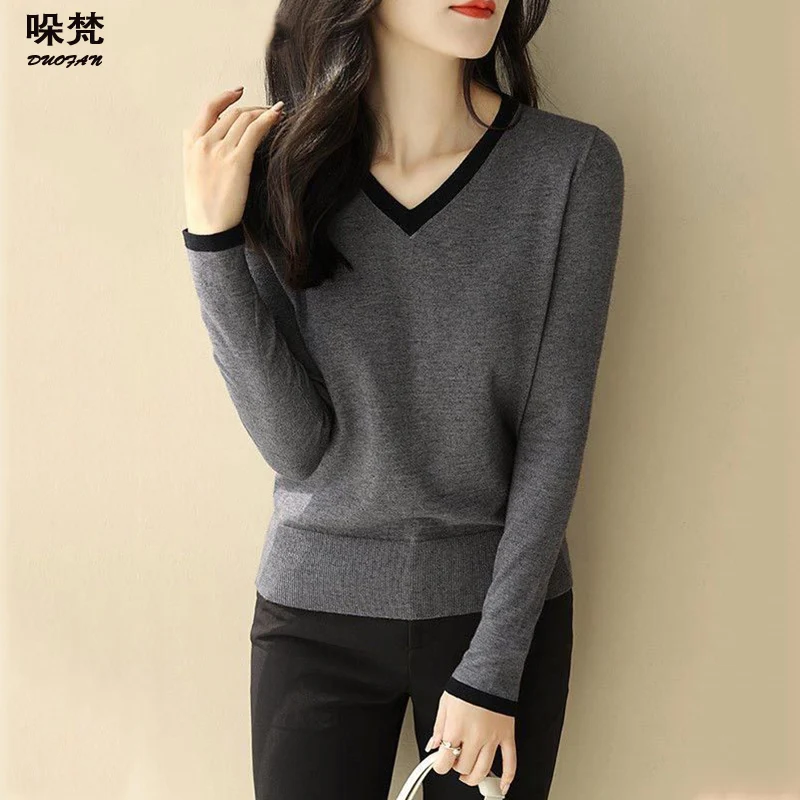 

DUOFAN 2021 Basic V-neck Solid Autumn Winter Sweater Pullover Women Female Knitted Sweater Slim Long Sleeve Badycon Sweater