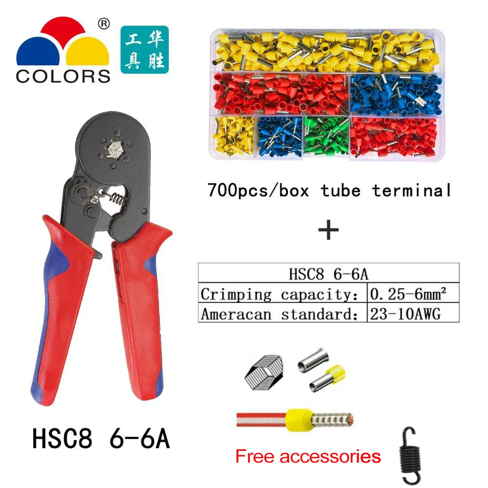 HSC8 6-6A 700H Цвета HSC8 10S обжимные плоскогубцы 0,25-10 мм2 23-14AWG шестигранные четырехгранные электрические трубки Клеммы Коробка фирменный зажим ручные инструменты - Цвет: HSC8 6-6A 700H