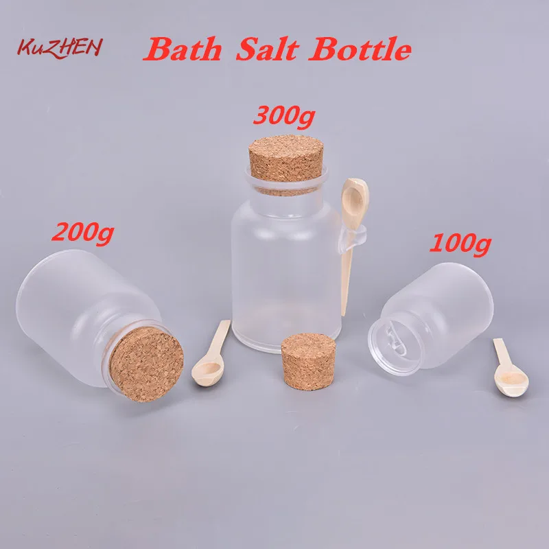 

1 Pcs 100g/200g/300g Empty Bath Salt Bottle Plastic Matte Cork Jar Women Mask Facial Container Refillable Bottle With Wood Spoon