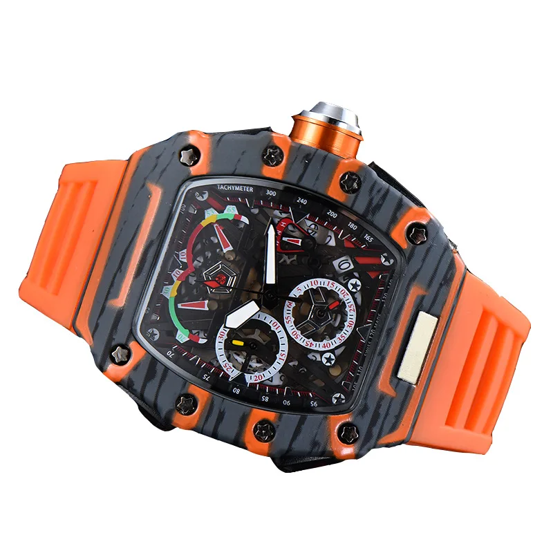 

Man Watch Fashion Quartz Men's Watches Richard Gift Men Carbon Fiber Pattern 6 Hands Running Seconds Flat Tapered Crown Trend