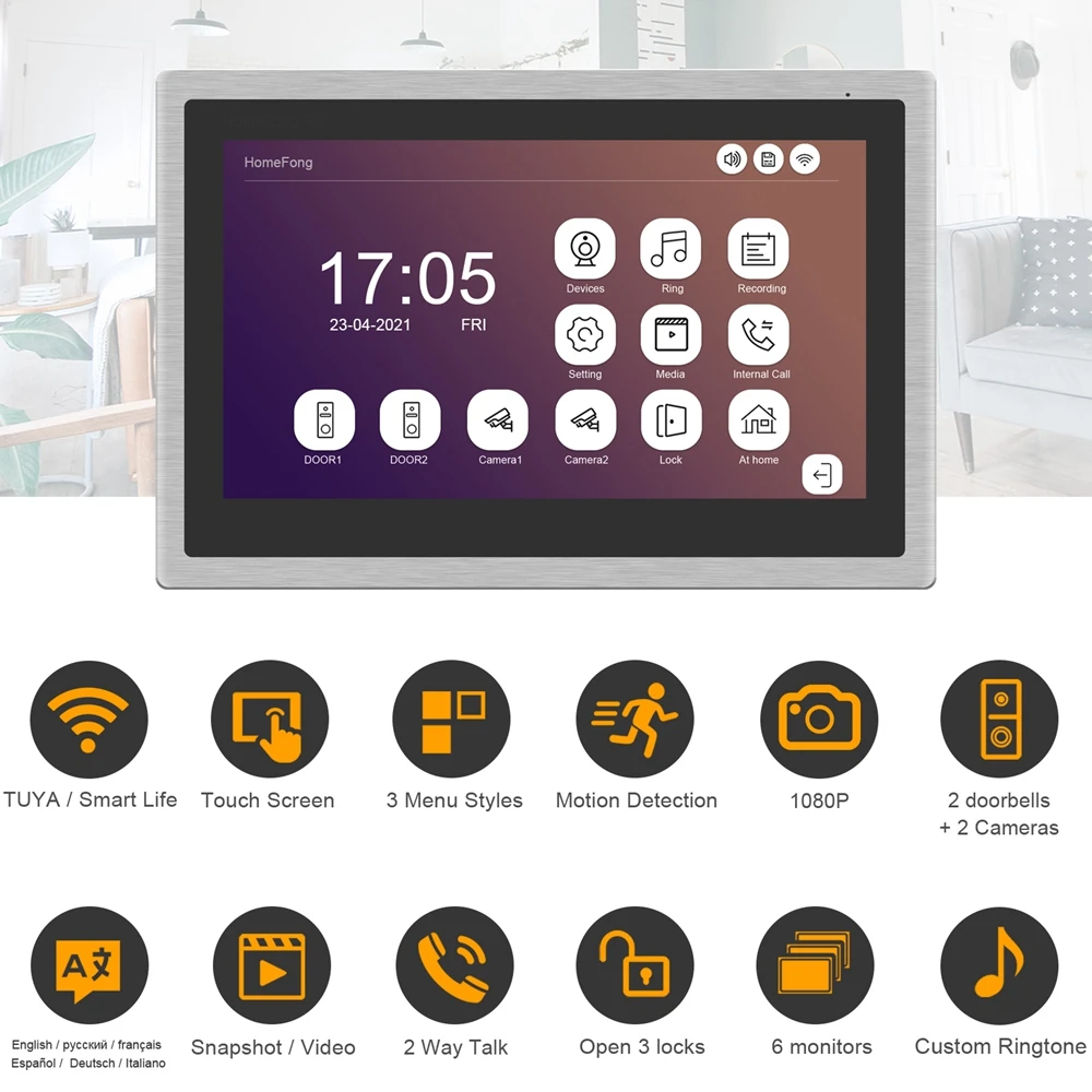 Видеодомофон HomeFong Wi Fi 10 дюймов сенсорный экран 2 Дверных звонка панель вызова