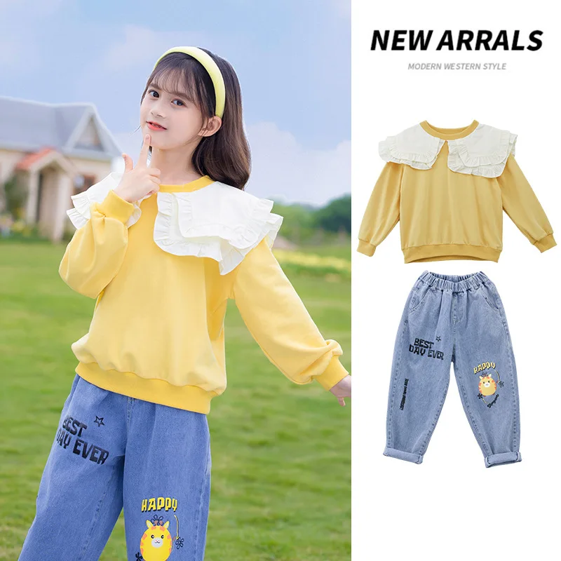 

Teenage Girls Clothing Set Spring Children Girls White Lotus Leaf Collar Sweatshirts and Jeans Loose Pants Cartoon Cat Tracksuit