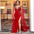 Кружевное платье Sevintage, красное платье-Русалка с разрезом по бокам, со шлейфом, для выпускного вечера, черного цвета, вечерние платья с аппликациями