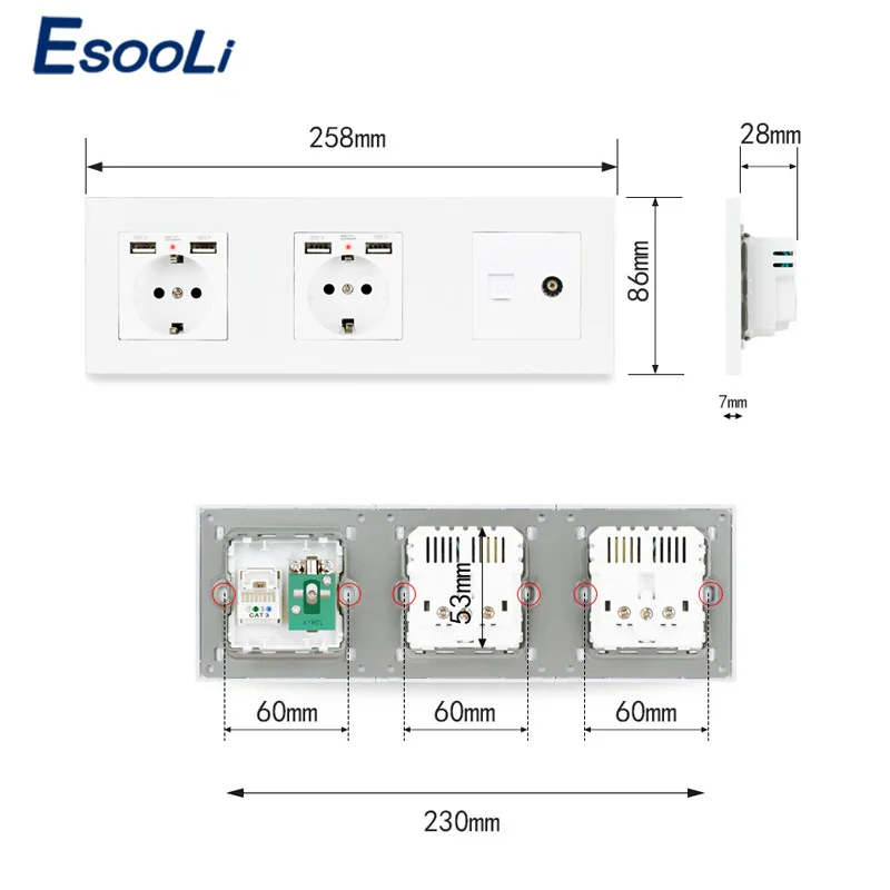 ESOOLI стандарт ЕС черная пластиковая панель двойная розетка с 4 USB зарядным портом +