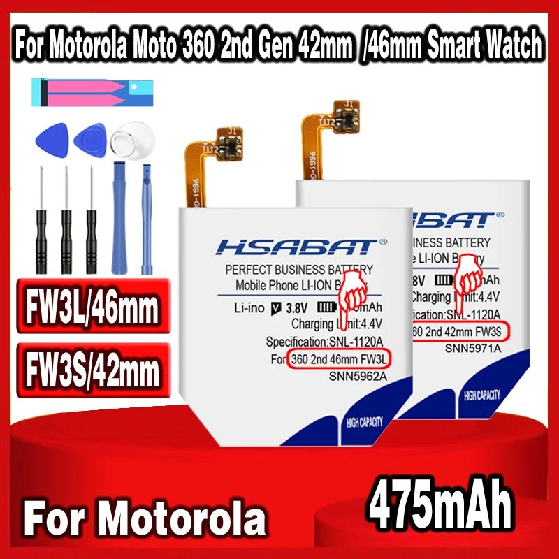 Аккумулятор HSABAT 0 цикл 475 мАч для Motorola Moto 360 2 го поколения 2015 42 мм FW3S Smart Watch 360S / FW3L 46
