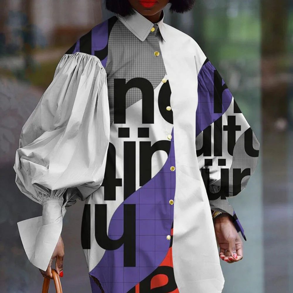 

New 2021 Oversize Lantern Sleeve Letter Printing Splicing Western Style Women's Dress Single-breasted Loose Casual Lapel