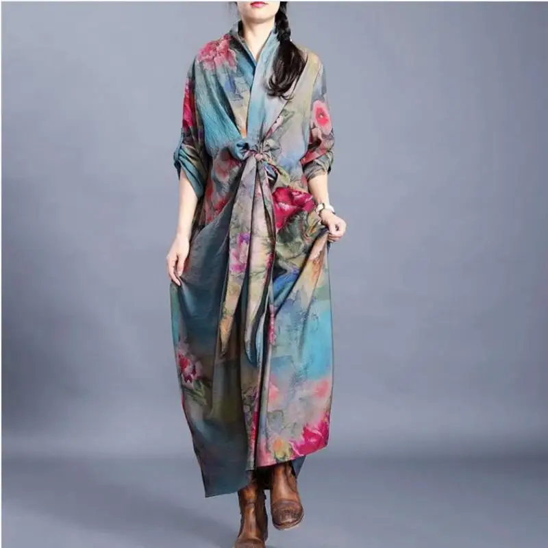 Женское свободное платье с длинным рукавом Johnature простое весеннее v-образным