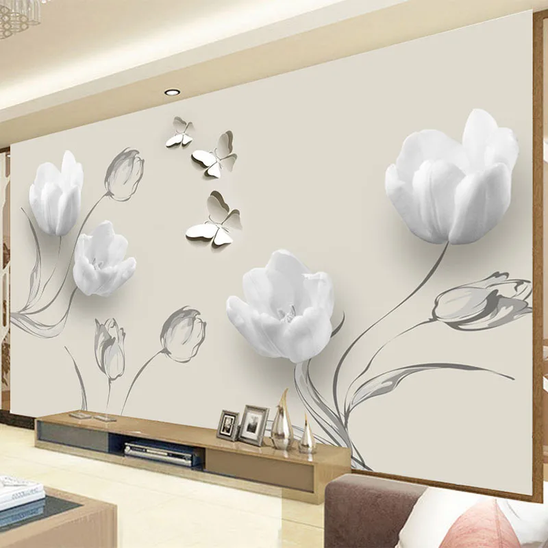 

Custom Mural Wallpaper Modern 3D Stereo Tulip Butterfly Flowers Wall Painting Fashion Living Room Home Decor Wall Papers