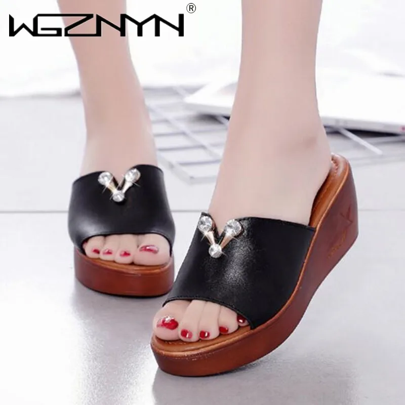 

Summer Women Leather Slippers Open Toe Flip Flops Sandals Women Wedges Slippers Black White Slides Sandals Shoes Woman Heels
