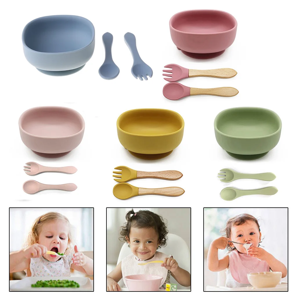 

Baby Feeding Bowl Spoon Fork Set Anti Slip Silicone Suction Divided Plate Tray Toddlers Infants Utensil BPA-Free Training Dishes