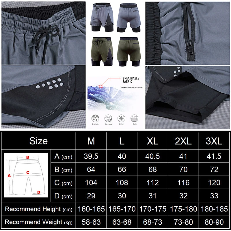 Men Running Shorts 2 in 1 Double-deck Workout Short Pants Breathable Gray Green Jogging Fitness Training Gym Sports M-3XL | Спорт и