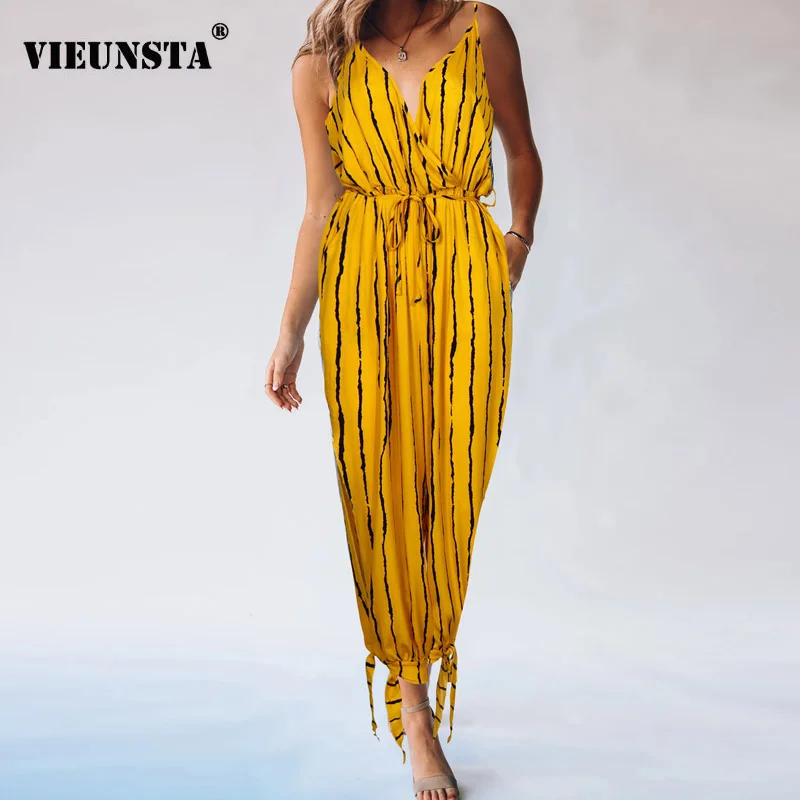 

Женский комбинезон в полоску, с V-образным вырезом и поясом на резинке