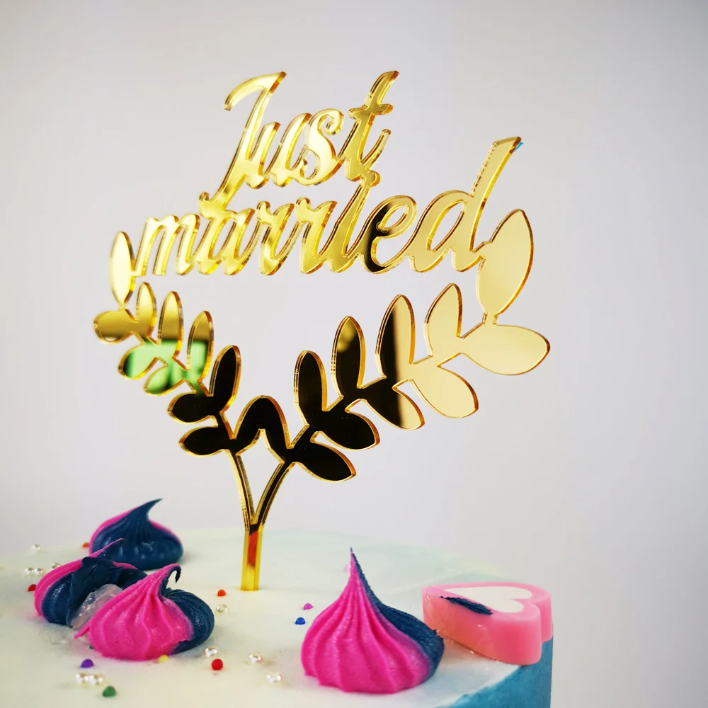 Just Married with Leaves Wedding Cake Topper Romantic Decor Bride and groom Party Supplies | Дом и сад