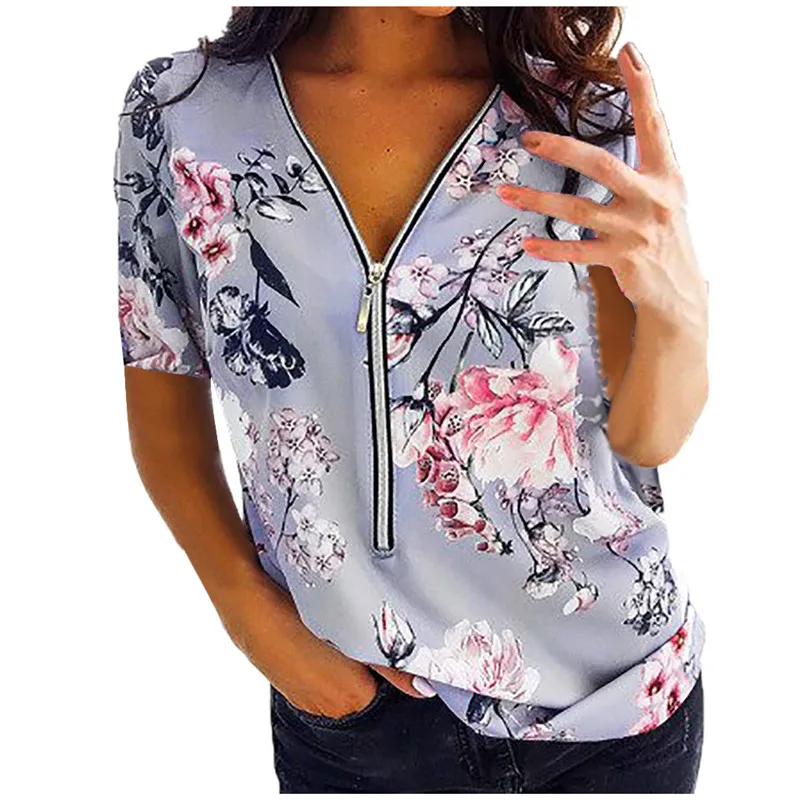 

Hot Sale Autumn New Slim Slimming Zipper V-neck Print Mid-sleeve Pullover Blouse Casual Loose Daily Office Large Size Lady New