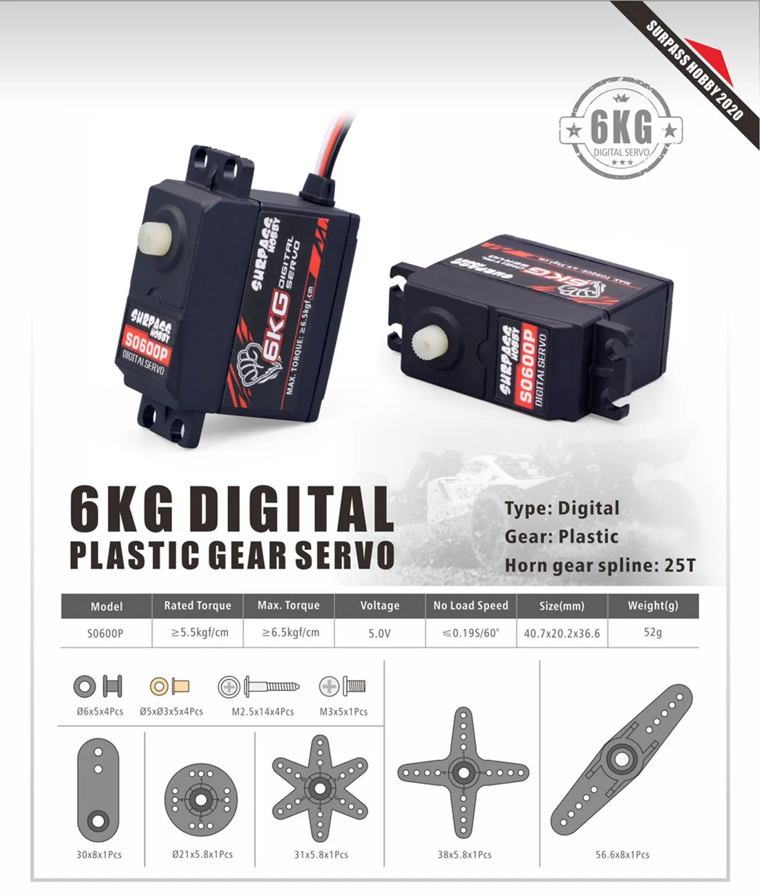 

SURPASS HOBBY S0600M 6KG Servo Metal/Plastic Gear Digital Servo for 1/10 High-Speed Car AirPlane Boat Drone Smart Robot RC Model