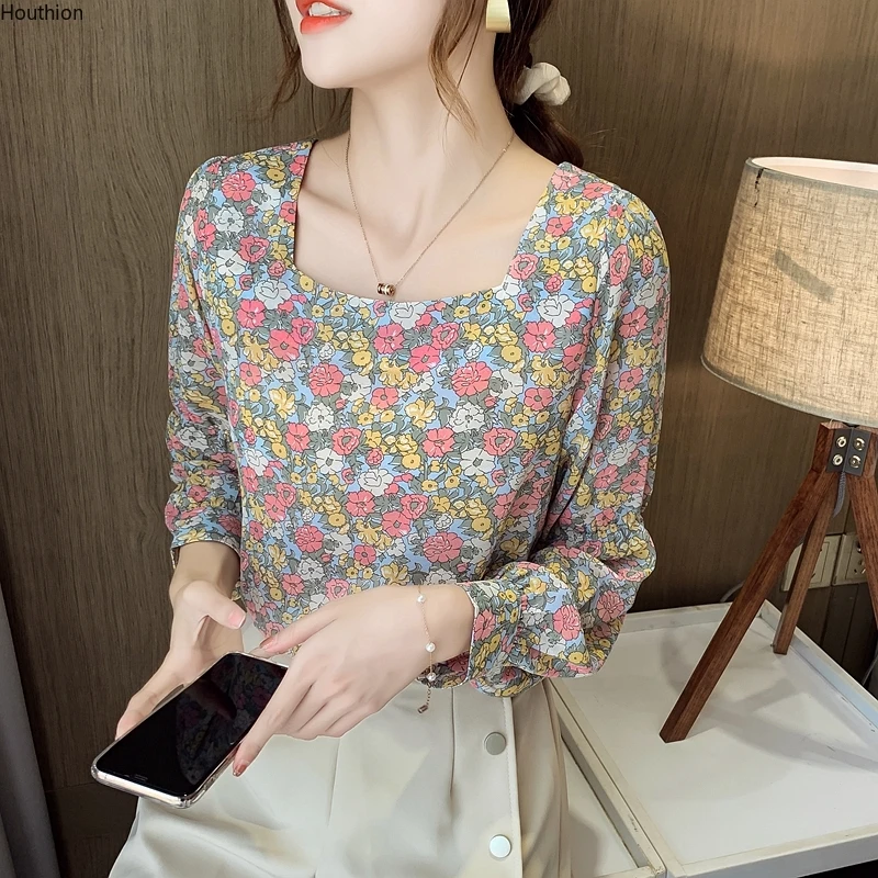 

Houthion Silk Women's Blouses Long Sleeve Top Fashion Printed Chiffon Shirt Casual New Korean Summer Blouse Print Blusas
