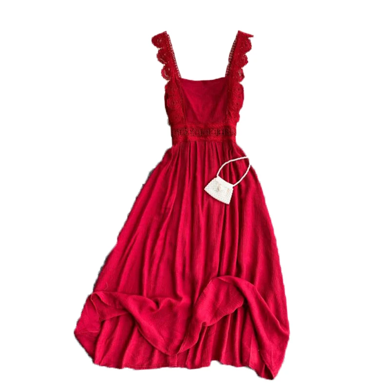 2021 летнее винтажное женское платье с кружевным ремнем красные открытые