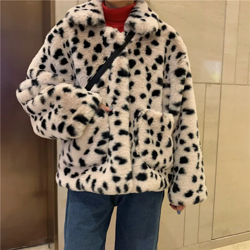 

Oversized Woolen Coat Women 2021 Winter Korean Style Loose Lamb Wool Faux Fur Leopard Print Thick Warm Jacket