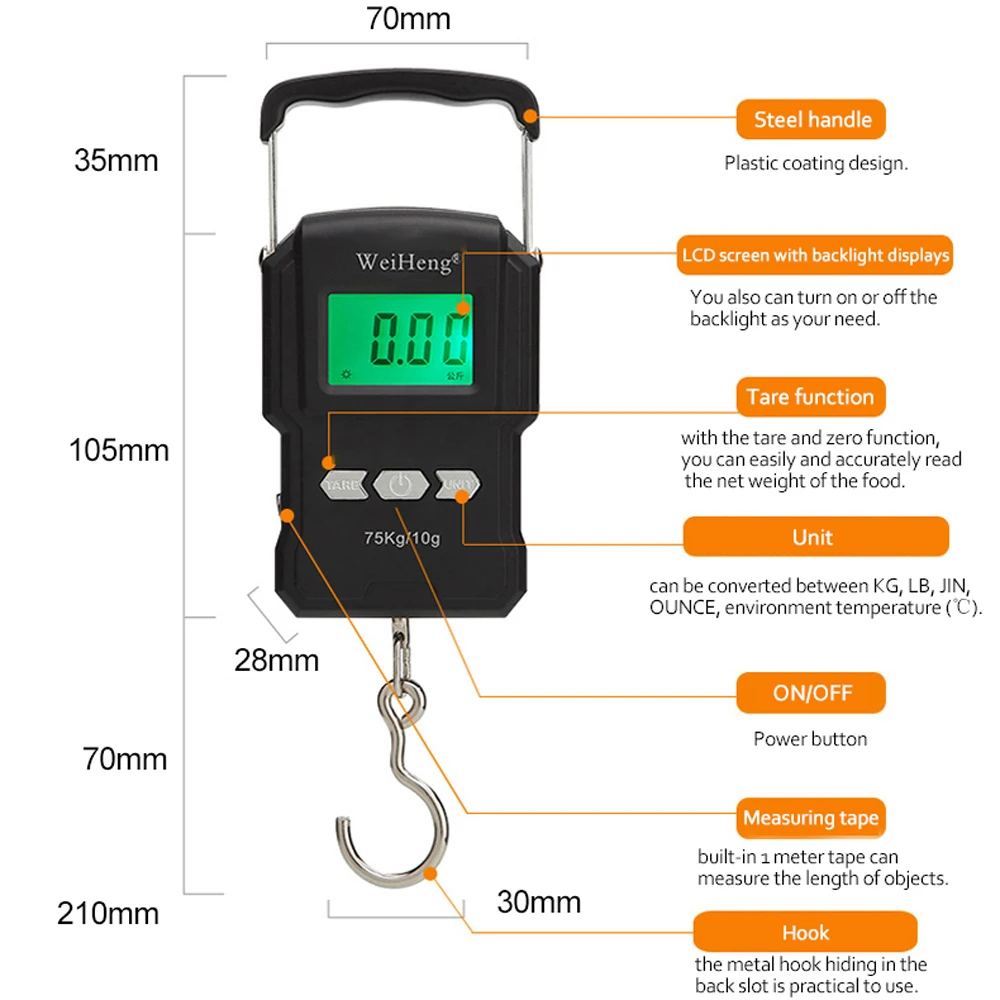 

75Kg/10g Electronic Weighing Scale 50Kg/5g LCD Digital Display Hanging Hook Scale with Measuring Tape for Fishing Travel