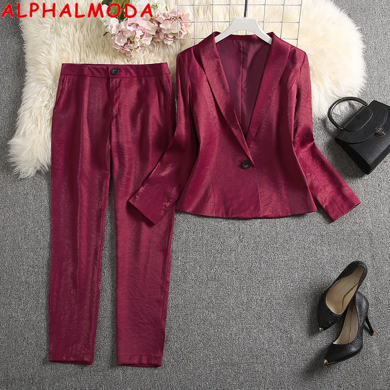 Женский блестящий костюм ALPHALMODA на одной пуговице простой блейзер + брюки