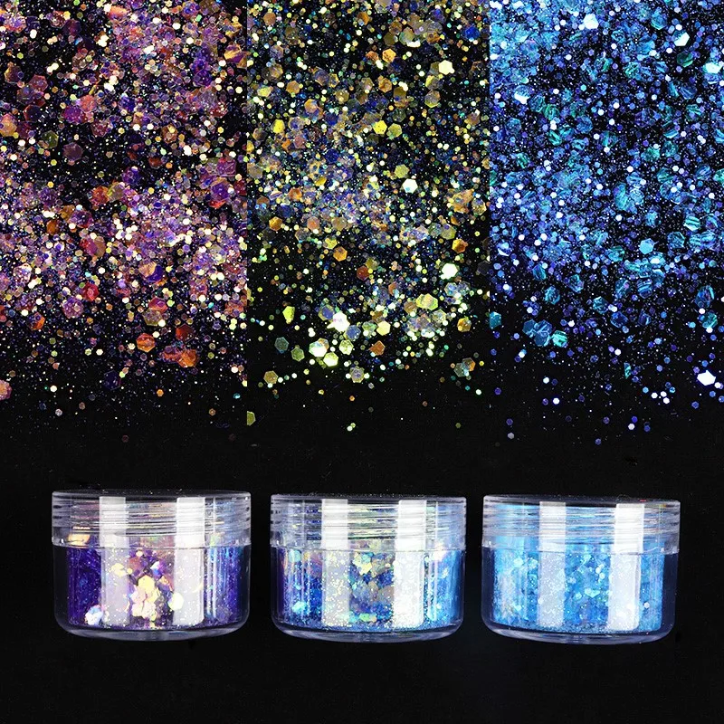 

Nail Art Sequins New Year's New 12-color Large Flat Bottle Ultra-thin Magic Powder With Hexagonal Nail Sequins3Dnail Sequins DIY