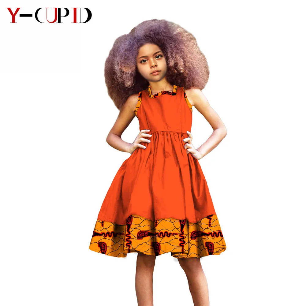 

African Clothes for Kids Casaul Cotton Girls Parchwork Print Dresses Bazin Riche Summer Children Outfits Attire Clothing Y214002