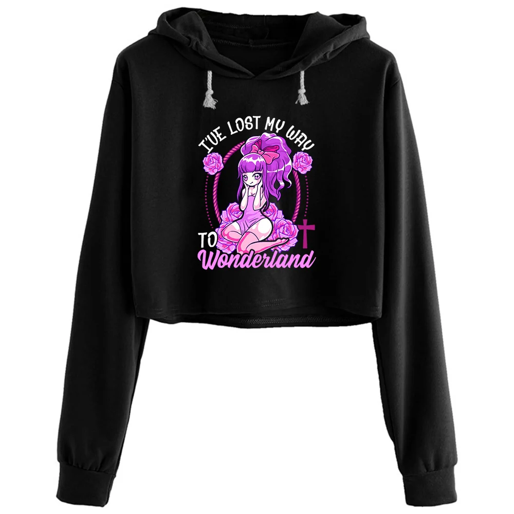 

Pastel Goth Kawaii Egirl Anime Wonderland Crop Hoodies Women Anime Emo Aesthetic Kpop Pullover For Girls