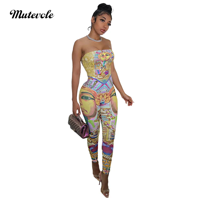 

Mutevole Women Pattern Print Strapless Jumpsuit Sexy Slash Neck Back Zipper Slim Fit Jumpsuit Summer Fashion Streetwear