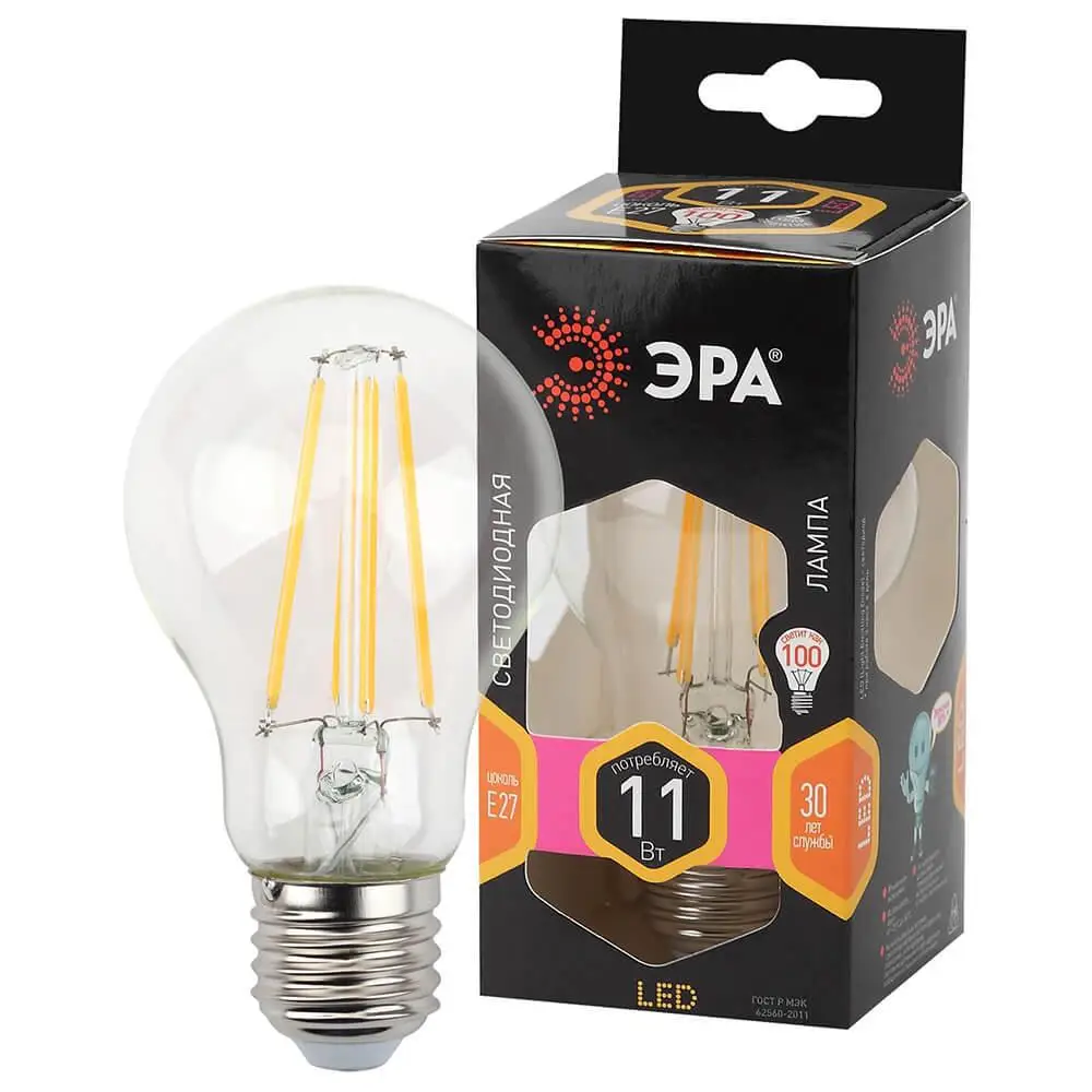 Лампа светодиодная филаментная ЭРА E27 11W 2700K прозрачная F-LED A60-11W-827-E27 Б0035025 IP20 |