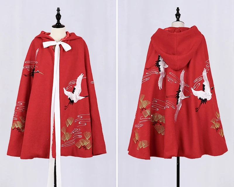 88cm Red Винтажный женский плащ с вышивкой журавля 98 см, длинный плащ с капюшоном на осень и зиму - Цвет: 88cm Red