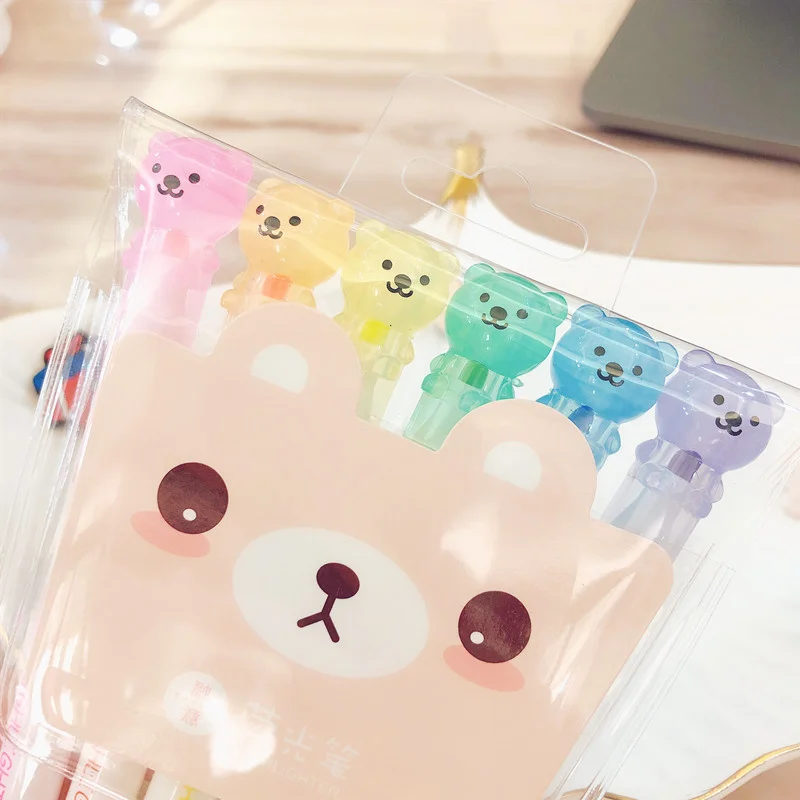 

6 шт./компл. Милая необычная флуоресцентная ручка-маркер в виде медведя, милые офисные и школьные принадлежности, канцелярские принадлежнос...