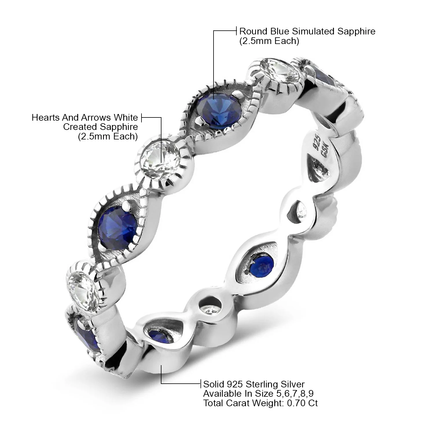 GemStoneKing 925 пробы Серебряное женское кольцо 0,70 карат белый и синий имитация сапфира кольцо вечности