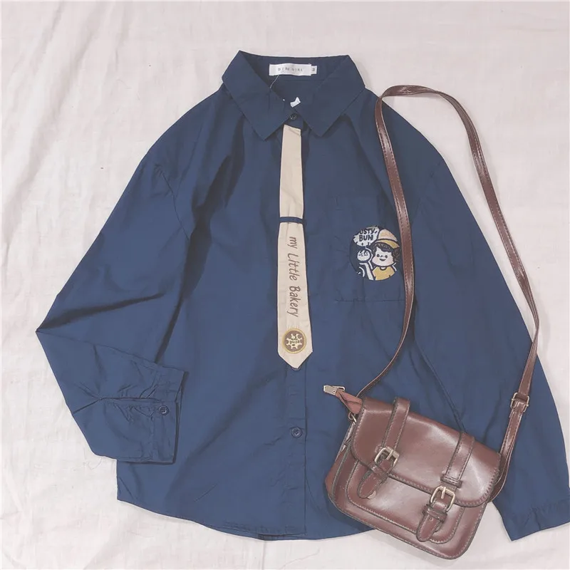 

Korean Tops Student Preppy BF Long Sleeve Blouse Girl Solid Color Cartoon Character Shirts Women Undies Send Embroidery Tie