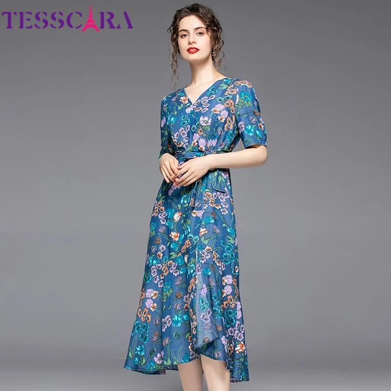 Женское джинсовое платье с цветочным принтом TESSCARA длинное винтажное вечернее
