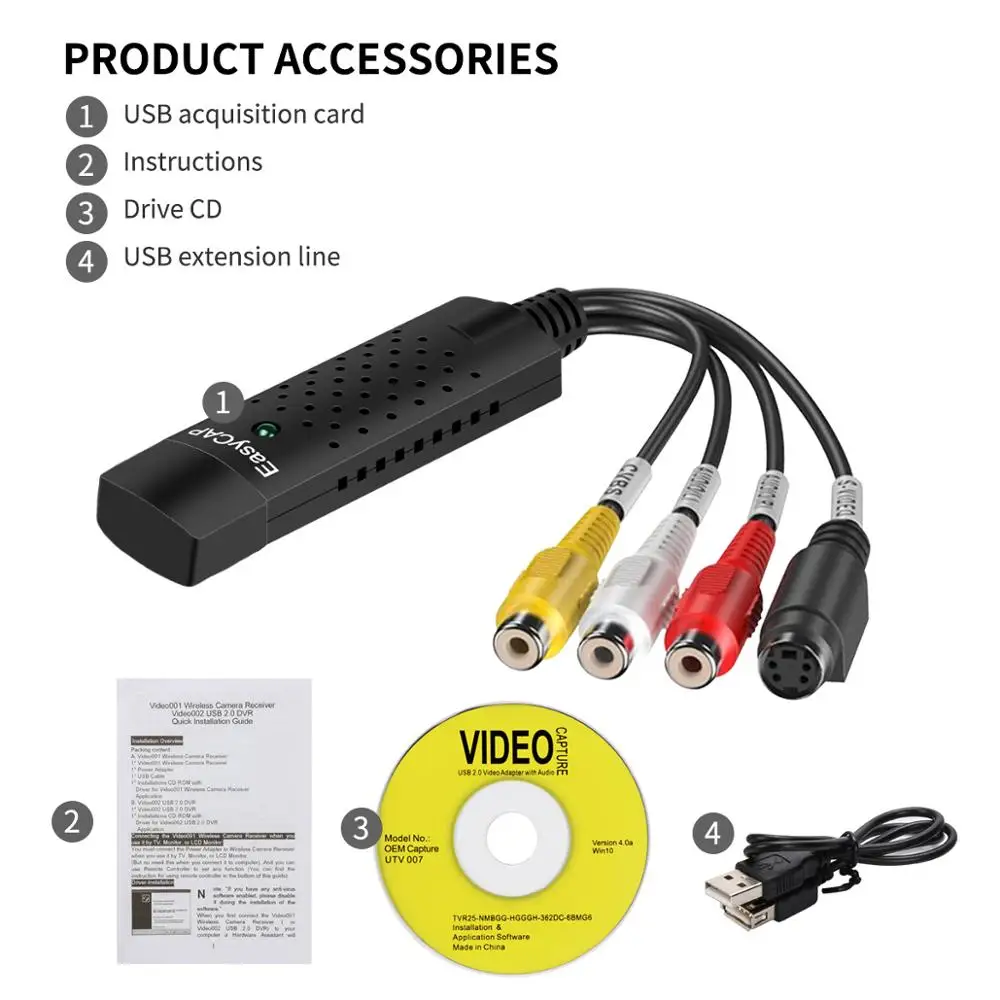 Hot selling! Arrival USB 2.0 Easycap Capture 4 Channel Video TV DVD VHS Audio PC Adapter Card DVR Converter | Безопасность и