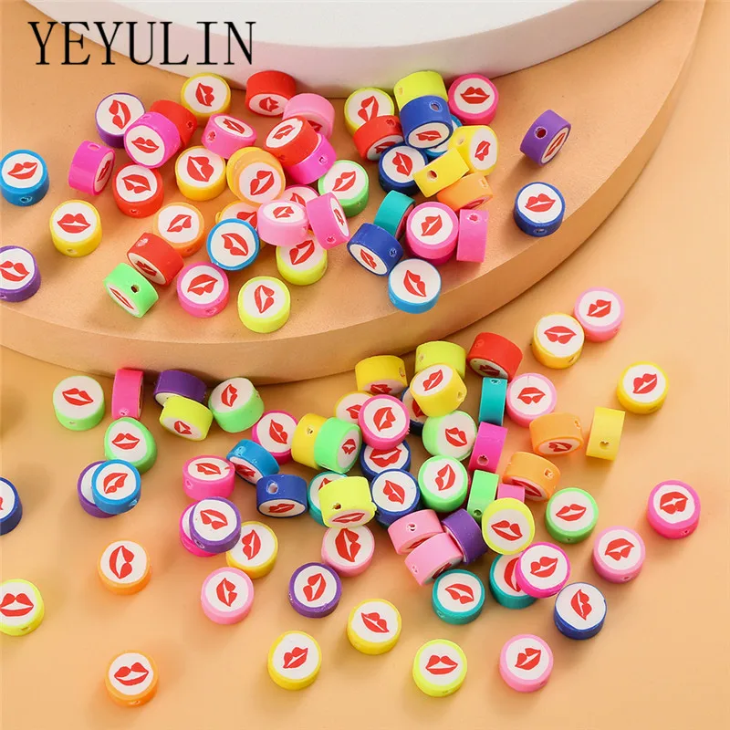 50 шт./лот разноцветные Круглые плоские бусины из полимерной глины с узором губ
