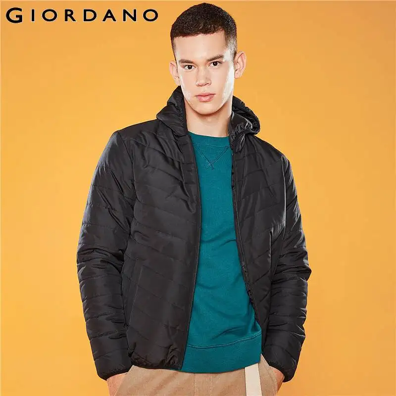 Мужское Стеганое пальто Giordano однотонное мягкое из полиэстера с капюшоном