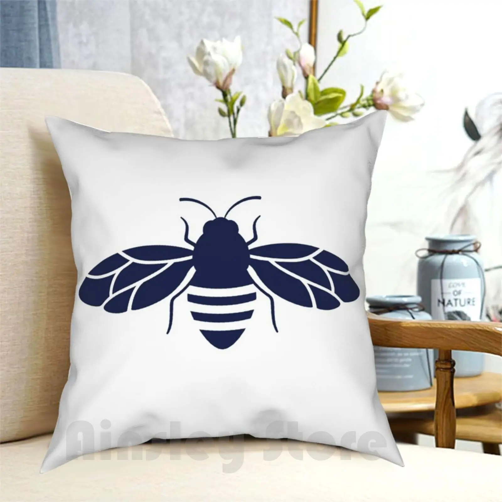 

Navy Bee Pillow Case Printed Home Soft Throw Pillow Bee Bumblebee Bug Insect Fly Pottery Barn Yellow Spring Cute Home
